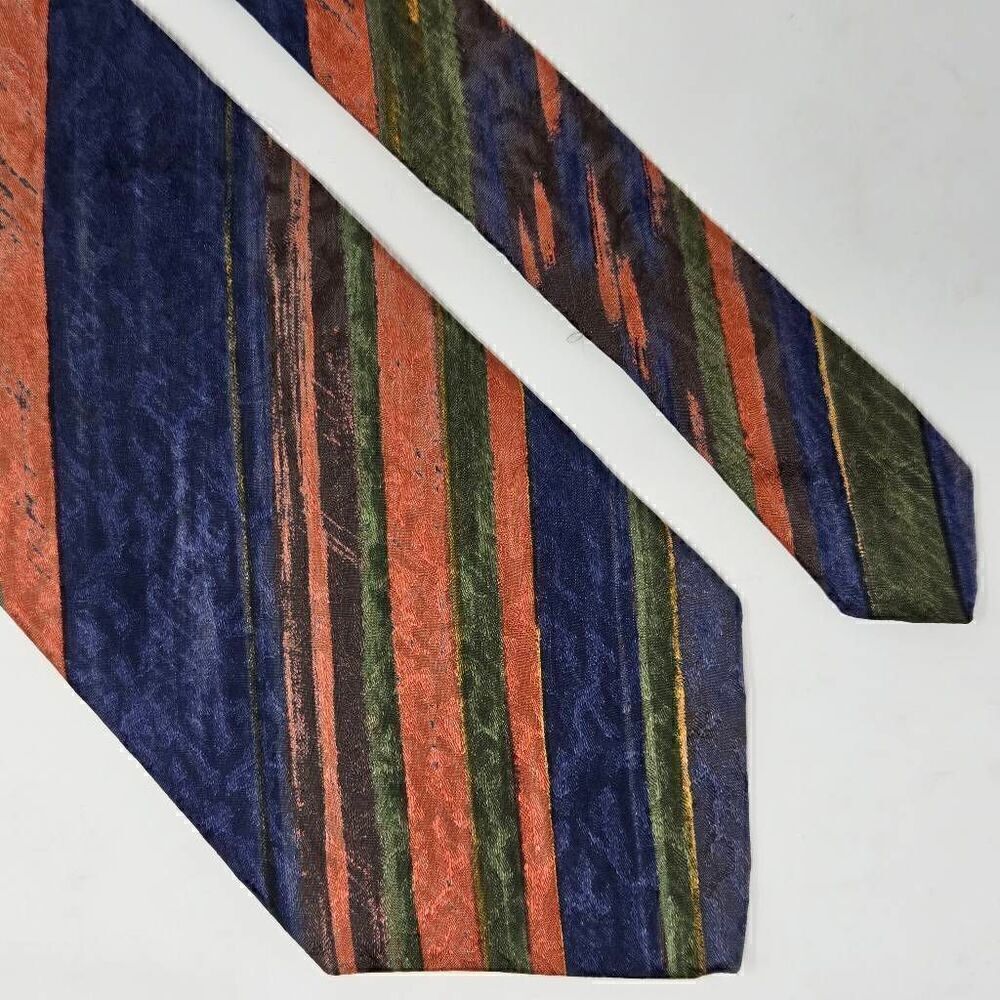 MONTAGU USA SILK TIE ORANGE BLUE GREEN WATERCOLOR STRIPE SATIN 3.75" X 55"